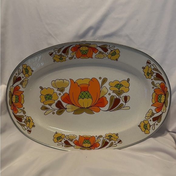 Vintage 1970's Sanko Ware Serving Tray Country Flowers Porcelain Enameled Steel - Picture 1 of 10